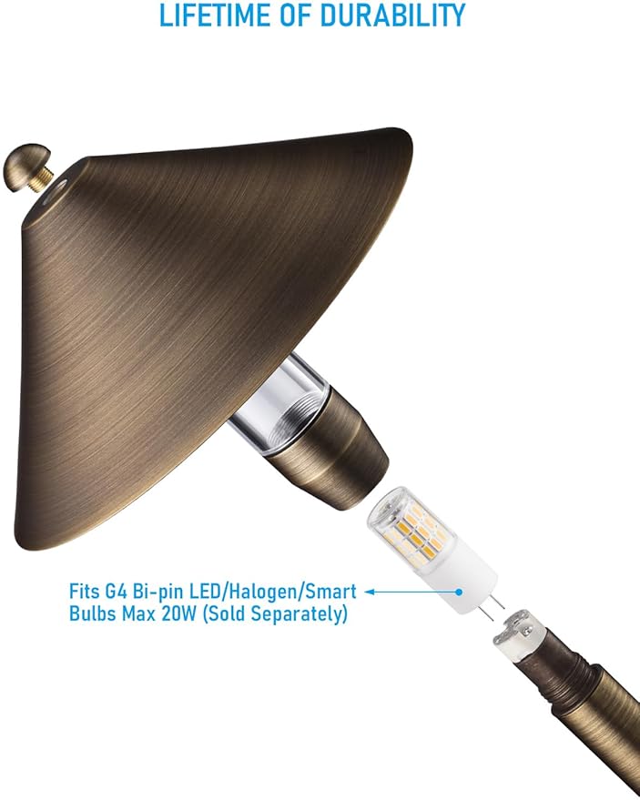 LEONLITE Conehead Solid Cast Brass Pathway Light 12V Low Voltage Landscape Lights for Walkway Garden Work with G4 Bulb (Bulbs Not Included) IP65 21.5'' Tall 6.73'' Shade Bronze Pack of 2