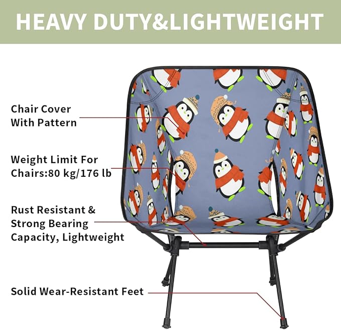 Cute Penguin Pattern Camping Chair Lightweight Portable Chairs for Adults Easy Installation Outdoor Foldable Camping Chair for Camping Fishing Hiking Picnic Beach