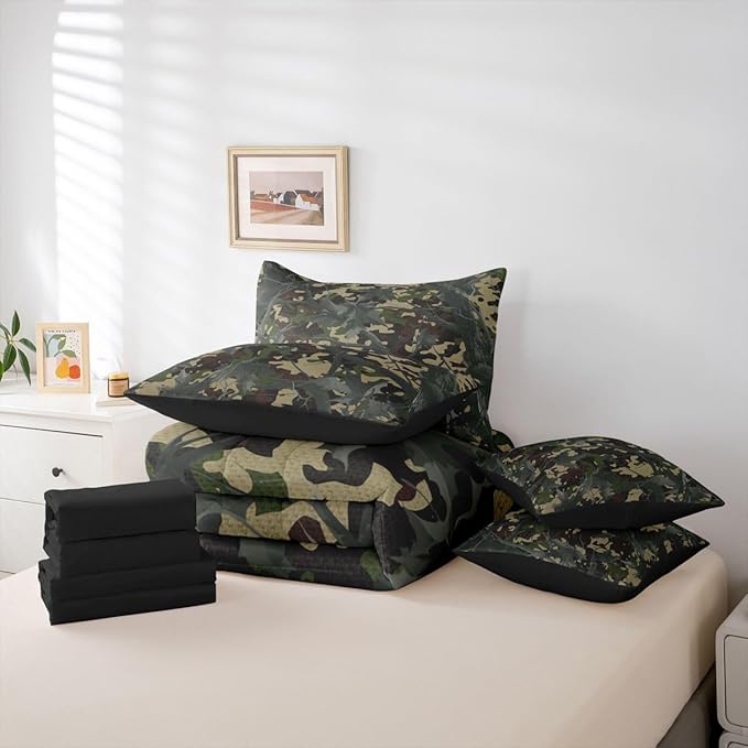 jejeloiu Camouflage Tree Branches 7 Piece Bedding Set for Girls Boys Kids Twin Size Camo Bed in a Bag Room Decor Military Style Comforter Set with SheetsPillowcases &amp Cushion Cover Microfiber
