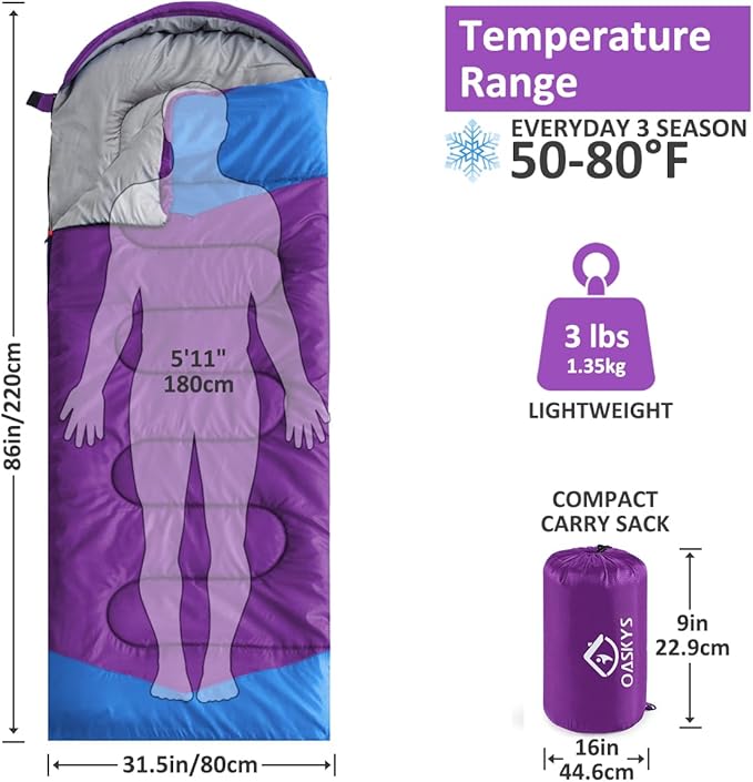 oaskys Camping Sleeping Bag - 3 Season Warm &amp Cool Weather - Summer Spring Fall Lightweight Waterproof for Adults Kids - Camping Gear Equipment Traveling and Outdoors