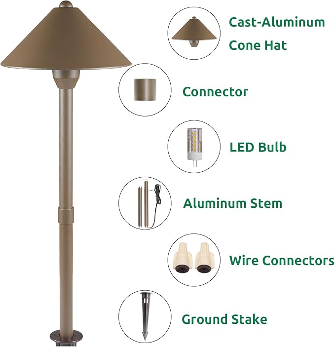 Lumina Lighting® Low Voltage Landscape Lighting Cast-Aluminum Path and Area Light Warm White 3W G4 LED Bulb and ABS Ground Stake Included for Yard Walkway Lawn PAL0105-BZLED4 (Bronze 4-Pack)