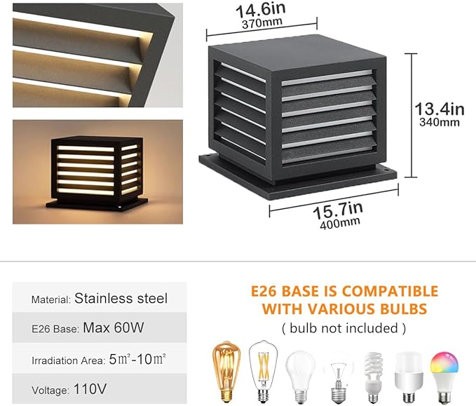 Outdoor Post Cap Lights 15.7 × 13.4 Modern Luxury Post Lantern Matte Black IP65 Waterproof Stainless Steel Exterior Column Light for GardensYardsBalconiesPassages or Entrancesetc