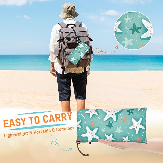 Waterproof Sandproof Beach Blanket 59''×68'' White Polyester Outdoor Picnic Blanket with 4 Stakes &amp Storage Bag for BeachCampingVacation Starfish