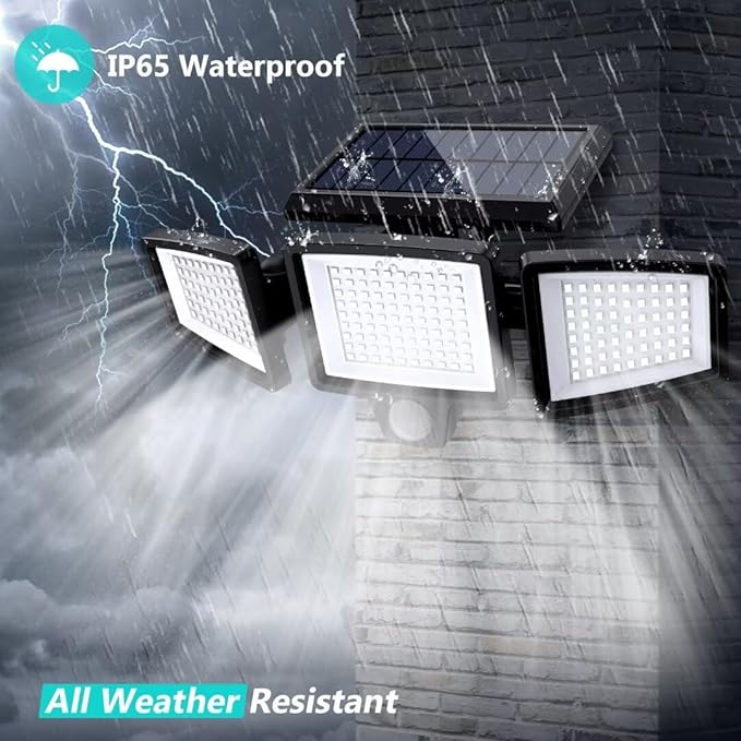 Tuffenough Solar Outdoor Lights 2500LM 210 LED Security Lights with Remote Control3 Heads Motion Sensor Lights IP65 Waterproof270° Wide Angle Flood Wall Lights with 3 Modes(4 Pack)