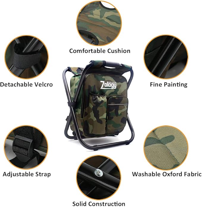 Folding Camping Chair Stool Backpack with Cooler Insulated Picnic Bag Hiking Camouflage Seat Table Bag Camping Gear Outdoor Fishing Hunting Gifts for Men