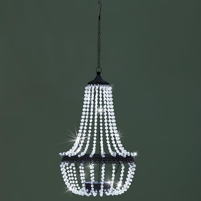 Hanging Solar Lantern Outdoor 28” Modern Clear Crystal Acrylic Chandelier with 30 Cool White Lights S Hook for Garden Yard Patio Gazebo Decorations