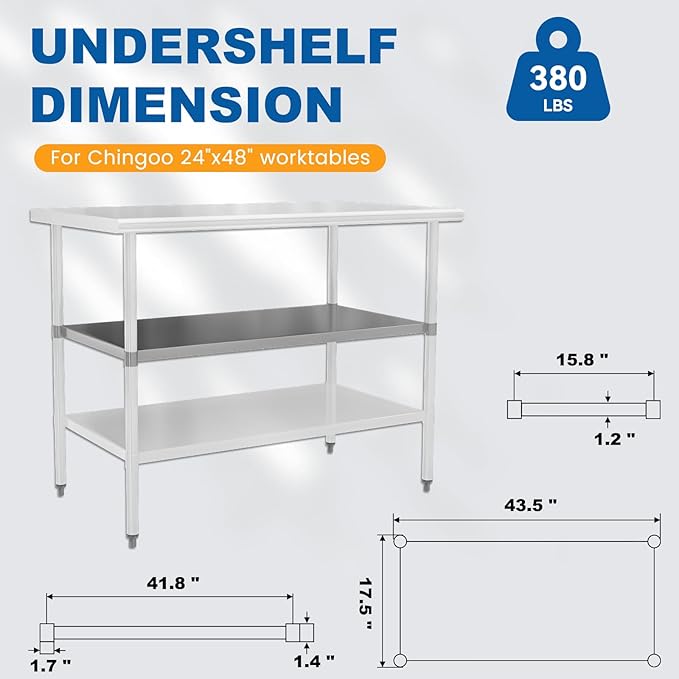 Stainless Steel Undershelf 24x48 Inches for Commercial Work Table - Bottom Shelf Add-On Extra Storage for NSF Kitchen Restaurant Café Bakery or Food Prep Stations