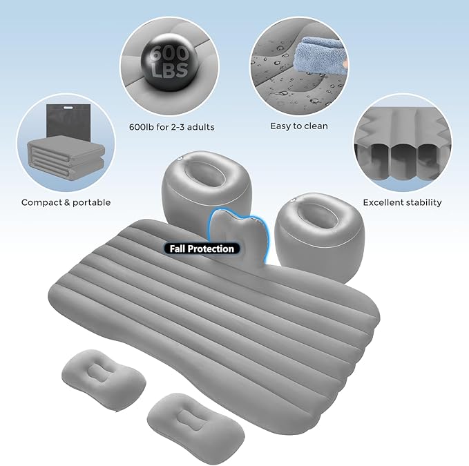 Thickened Inflatable Car Bed Air Mattress with Safety Side Wedge/Built-in Air Pump &amp 2 Pillows/Back Seat Camping Sleeping Pad for SUVs and Sedans/Portable Foldable Airbed for Travel/Gray