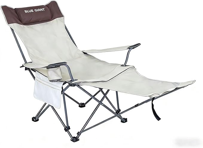 2 Pack Adjustable Folding Camping Chairs with Detachable Footrest and Headrest Lightweight and Portable Ideal for Hiking Travel Fishing and Outdoor Activities (Beige)