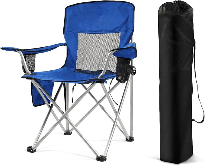 Simple Deluxe Outdoor Foldable Camping Chair with Sturdy Material and 300lbs Capacity Foldable Camping Chair with Cup Holder and Carrying Bag for Parks Beaches Fishing and Camping Blue