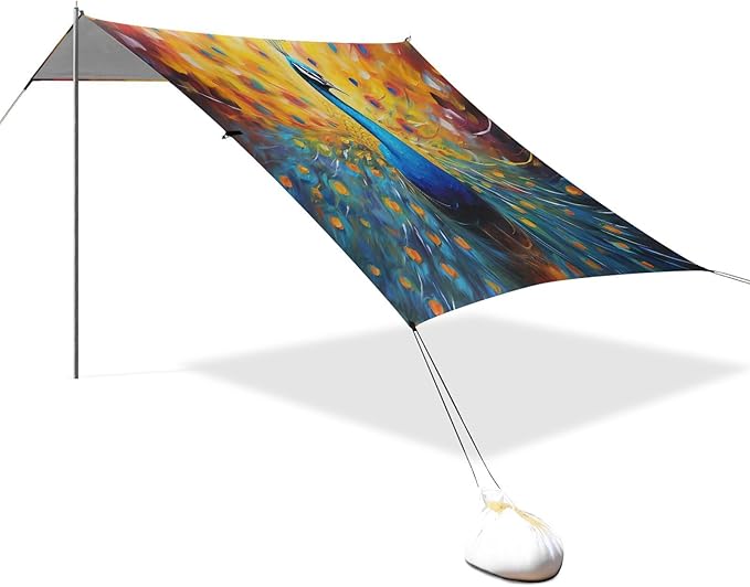 Colorful Peacock Painting Beach Tent Sun Shelter 9.2' x 10.5' Beach Canopy with 4 Sandbags 4 Stability Poles Sand Shovels - Tent Canopy for Beach Camping Fishing Picnics