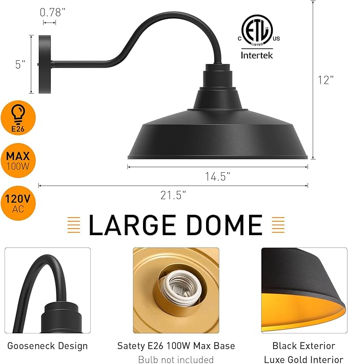 14.5 Dome Gooseneck Barn Light Outdoor Anti-Rust&ampWaterproof Farmhouse Wall Sconce Outdoor Wall Lanterns for Porch/Patio E26 Base 100W Max(Black 2-Pack Exterior Lighting Fixtures)