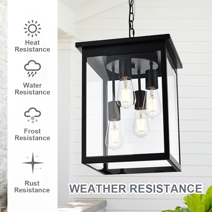 TODOLUZ Large Outdoor Pendant Light Fixtures 4-Lights Black Exterior Ceiling Hanging Lanterns with Clear Glass Farmhouse Outdoor Chandelier for Front Door Entry Patio