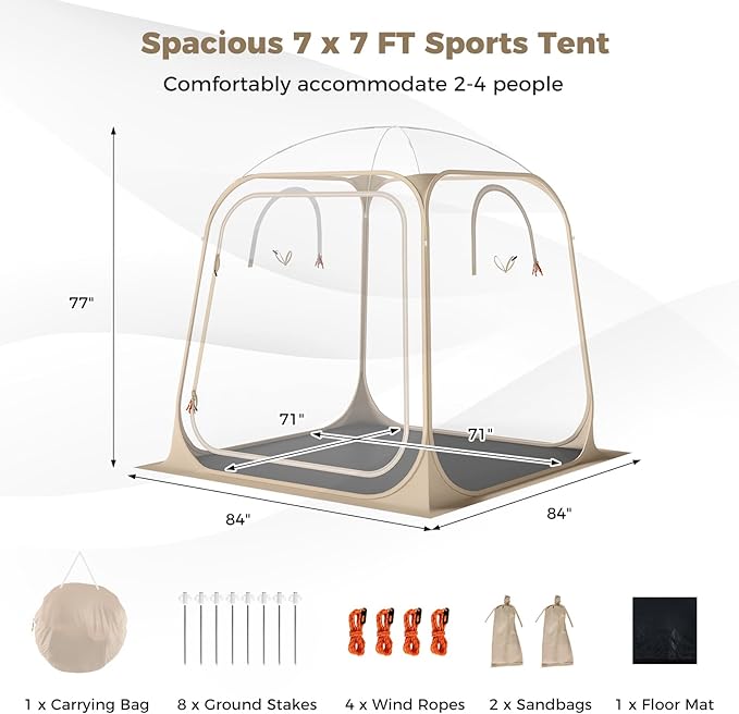 KOTEK Sports Tents for 2-4 Persons 7 x 7 ft Pop Up Bubble Tent with 2 Ventilated Windows Floor Mat &amp Carrying Bag Weather Proof for Sports Events Outdoor Patio Garden Backyard Camping
