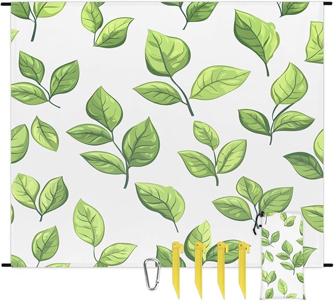 Waterproof Sandproof Beach Blanket 59''×68'' Elliptic Leaves Polyester Outdoor Picnic Blanket with 4 Stakes &amp Storage Bag for BeachCampingVacation White