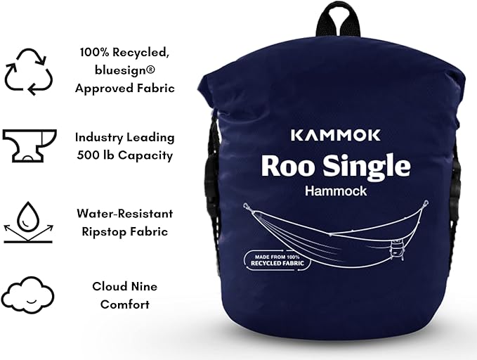 KAMMOK: Roo Single Hammock | Made from Strong &amp 100% Recycled Water Resistant Ripstop Fabric | Comfortable Packable Lightweight (Lifetime Adventure Grade Warranty) Midnight Blue