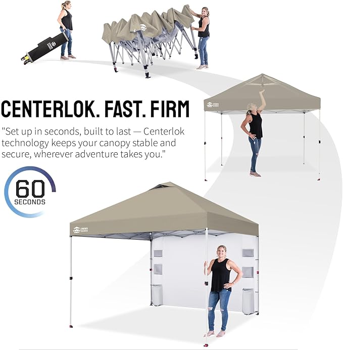 CROWN SHADES Canopy Tent 10x10 Pop Up Canopy Outdoor Shade with Pockets Sidewall Easy Up Sun Shelter with One Person Set Up Center Lock Portable Instant Camping Beach Canopy Tents Beige