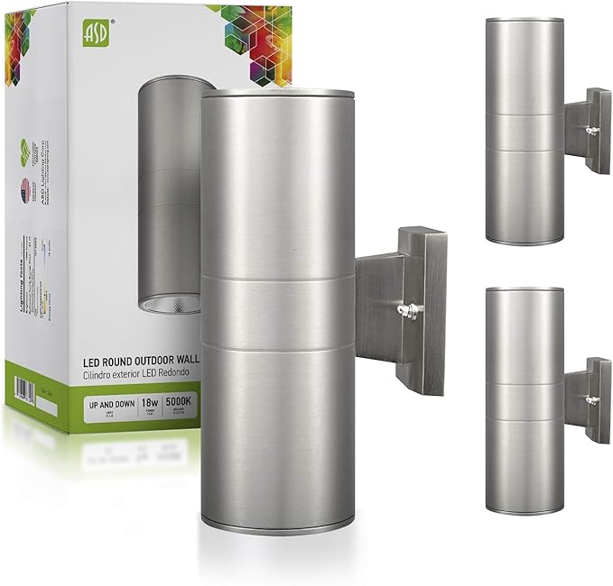 ASD LED Up Down Lights Outdoor Cylinder Wall Light 18W (120W Equiv) 1500Lm 5000K Daylight 120V Patio Wall Light Fixture Wet Rated Stainless Steel Wall Sconce ETL &amp Energy Star 2-Pack