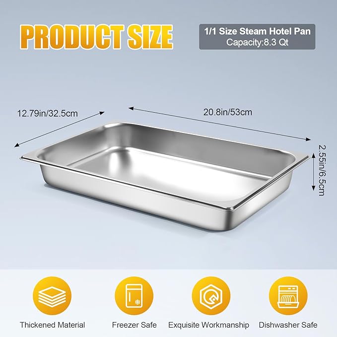 Hotel Pan 1/1 Size - 16.6 Qt Stainless Steel Steam Pan With Lid - 2.5 Deep - Silver - 2 Pack
