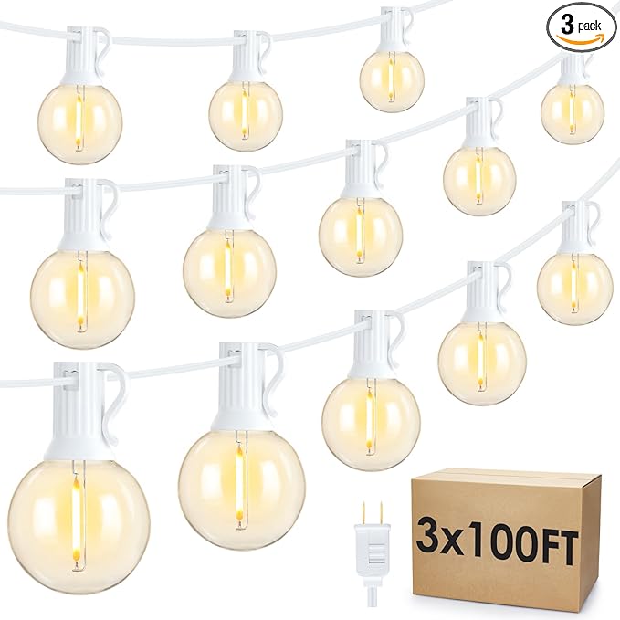 Mlambert 300Ft(3x100Ft) LED Outdoor String Lights Dimmable Waterproof G40 Globe Patio Lights with 150+7 Warm White Bulbs for Bistro Outside-White Cord