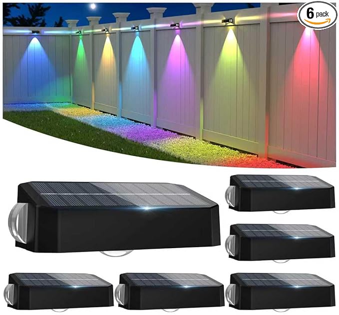 Solar Fence Lights Outdoor 6 Pack Deck Lights with 12 Mode RGB Color Changing Warm/Cool White IP65 Waterproof Dusk to Dawn Solar Light for Fence Wall Patio Step Backyard Outside