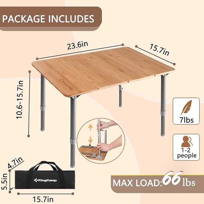 KingCamp Bamboo Adjustable Anti-UV Portable Folding Table Picnic Camping Three Heights2-6 People 23.6x15.7x10.6/15.7in Yellow_23.6x15.7 2 Person