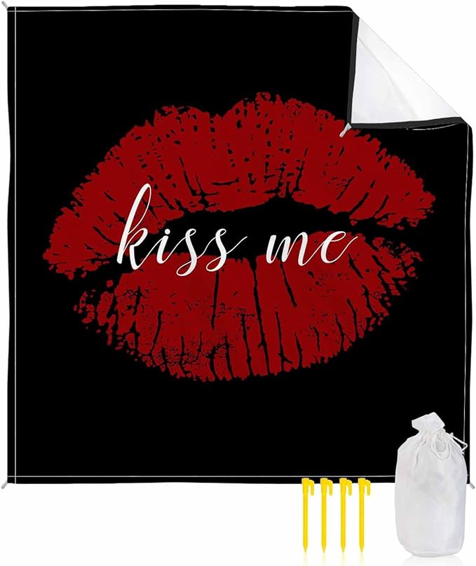 Beach Blanket Waterproof Sandproof Oversized Red Lip Print Kiss Me Beach Mat with Corner Stakes Sand Pockets Black Back Outdoor Picnic Mat for Travel Camping Hiking 83x79In