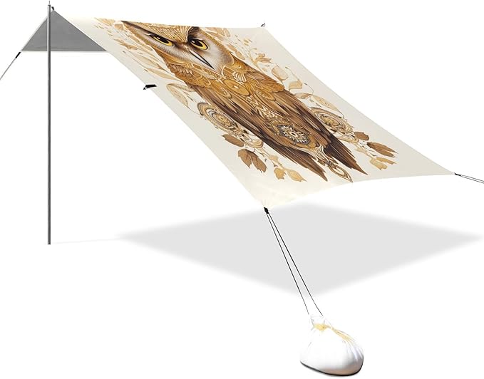 ALAZA Gold Owl Print Beach Tent Sun Shelter UPF50+ Protection Beach Shade Canopy w/ 4 Sandbags for Outdoor Camping Fishing Backyard Fun Picnic 10x9 ft