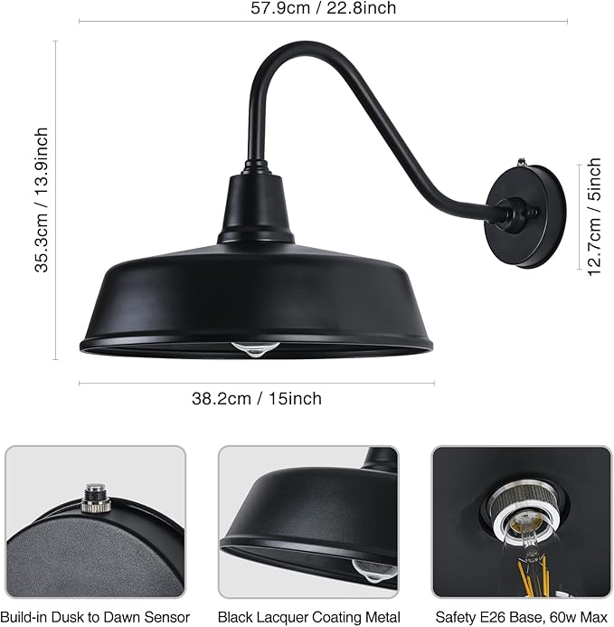 Barn Lights Outdoor Gooseneck - 15 Black Dusk to Dawn Exterior Barn Lights for House Farmhouse Wall Lighting Fixtures with Photocell for Porch Garage (15 Diameter 1pc)