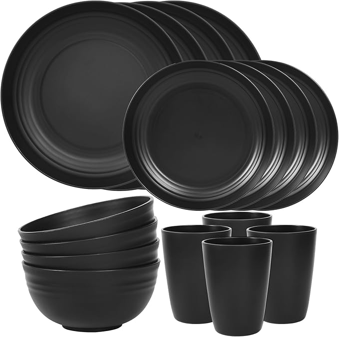 Quatish 16 Piece Plates and Bowls Sets for 4 Unbreakable Dinnerware Sets Plastic Dish Set for Camping Dishwasher Microwave Safe Outdoor Kitchen and Apartment Dinning RV Essentials Black