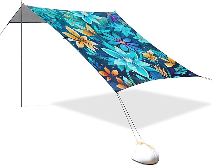 Camping Sun Shelters Blue and Tan Flower Pattern Beach Canopy 126 * 110.2in