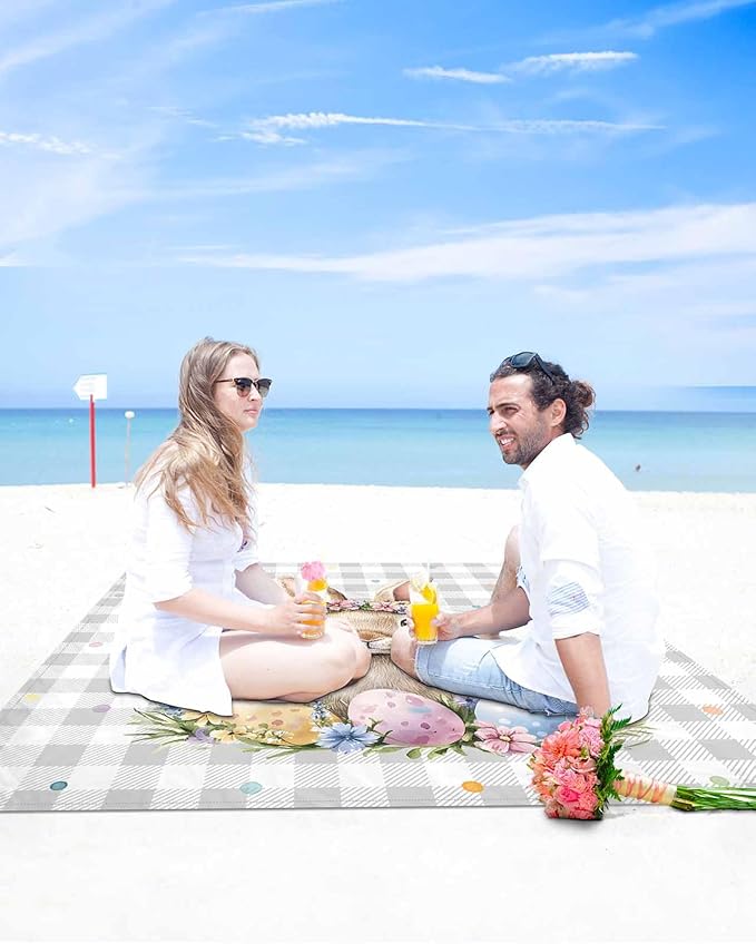 Beach Blanket Waterproof Sandproof Oversized Watercolor Easter Bunny Eggs Beach Mat with Corner Stakes Sand Pockets Floral on Gray Plaid Outdoor Picnic Mat for Travel Camping Hiking 118x108In