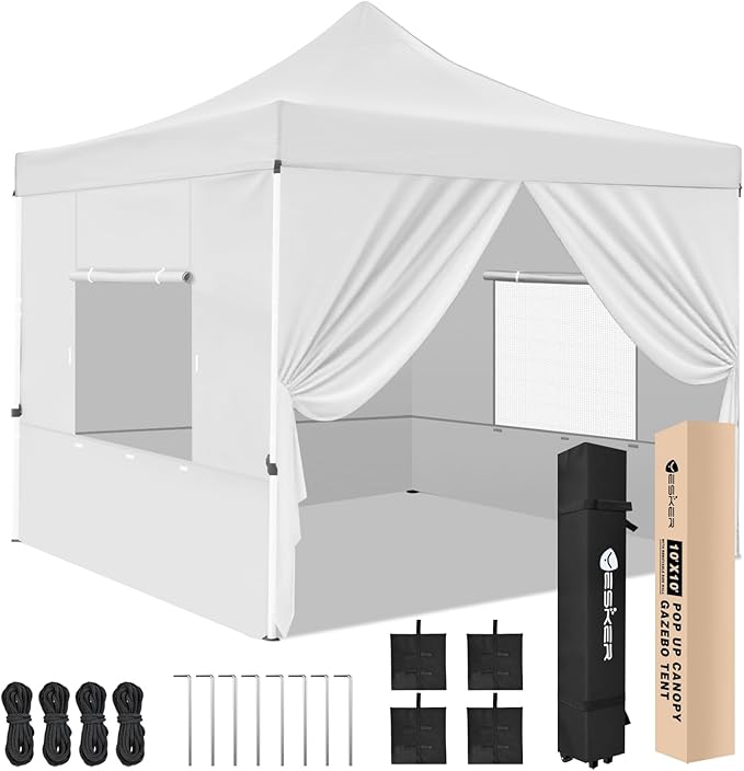 Yesker 10x10 Pop Up Canopy Tent with 4 Sidewalls Portable Folding Outdoor Canopy Easy Setup Gazebo Waterproof Instant Popup Shelter Tent w Wheel Carry Bag sandbags for Events Parties Camping White