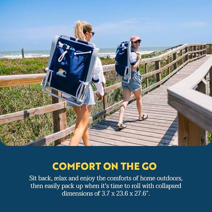 GCI Outdoor Backpack Beach Chair | Reclining Folding Chair with Durable Armrests Drink Holder &amp Carry Straps Perfect for Beach Trips &amp Picnics — Nautical Blue