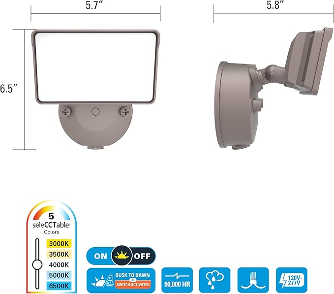 HALO FGS Outdoor LED Security Floodlight 120V w/Selectable CCT &amp Lumens Dusk to Dawn Wall or Eave Mounting - Bronze FGS30CLD2DB