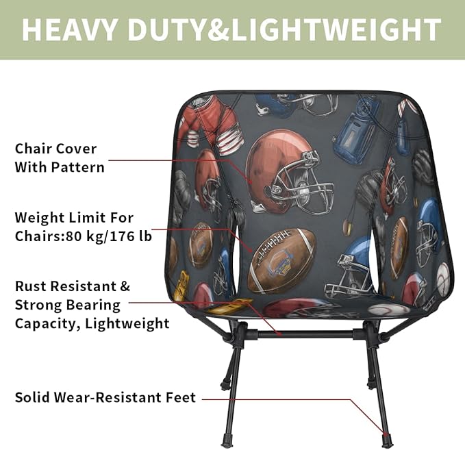 Sport Rugby Themed Camping Chair Folding Backpacking Chair Portable Lightweight Outdoor Chairs with Side Pockets for Hiking Beach Picnic