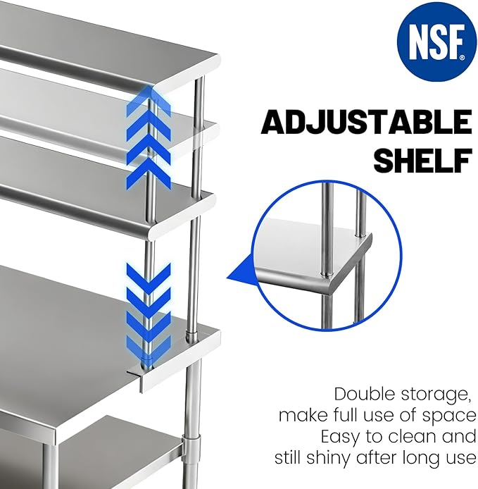 Hally Double Overshelf of Stainless Steel 12'' x 72'' Weight Capacity 420lb Commercial 2 Tier Shelf for Prep &amp Work Table in Restaurant Home or Kitchen