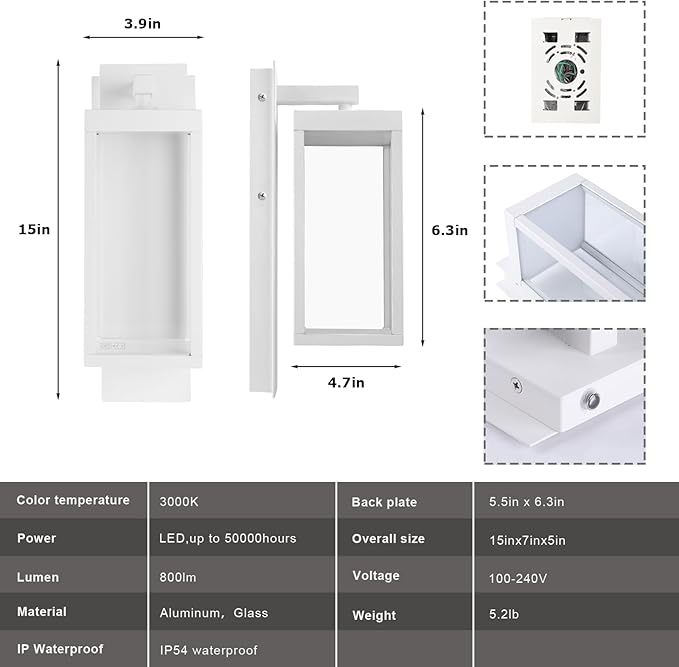 Dusk to Dawn Outdoor Wall Light 15 inch Exterior Light Fixture Wall Mount for House Front Porch Light White Anti-Rust Aluminium Exterior Wall Sconce Lamp with Tempered Glass for Doorway Garage