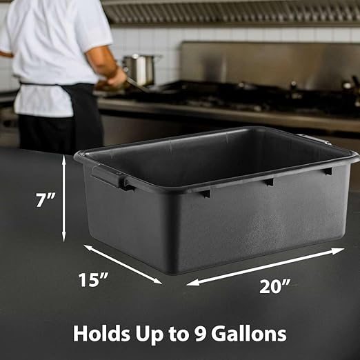 3-Pack 20 x 15 x 7 Commercial Bus Tub/Bus Box - 9 Gallons without Lid - Stackable Dish Storage Boxes for Home Kitchen Pantry or Garage Organization – Heavy-Duty and Freezer-Safe - Black