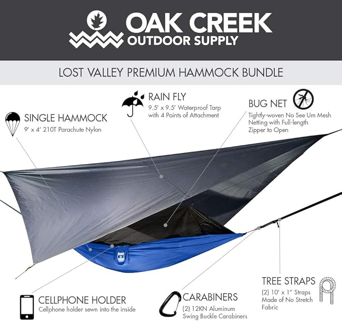 Oak Creek Lost Valley Camping Hammock. Bundle Includes Mosquito Net Rain Fly Tree Straps Compression Sack. Weighs Four Pounds Perfect for Camping. Lightweight Nylon Single Hammock. Blue and Gray