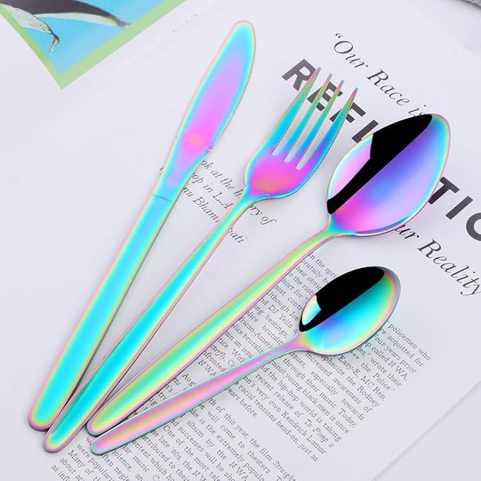 32-Piece Silverware Set for 8 BuyGo Stainless Steel Multicolor Camping Flatware Dinnerware Sets Hand Polish Dishwasher Safe