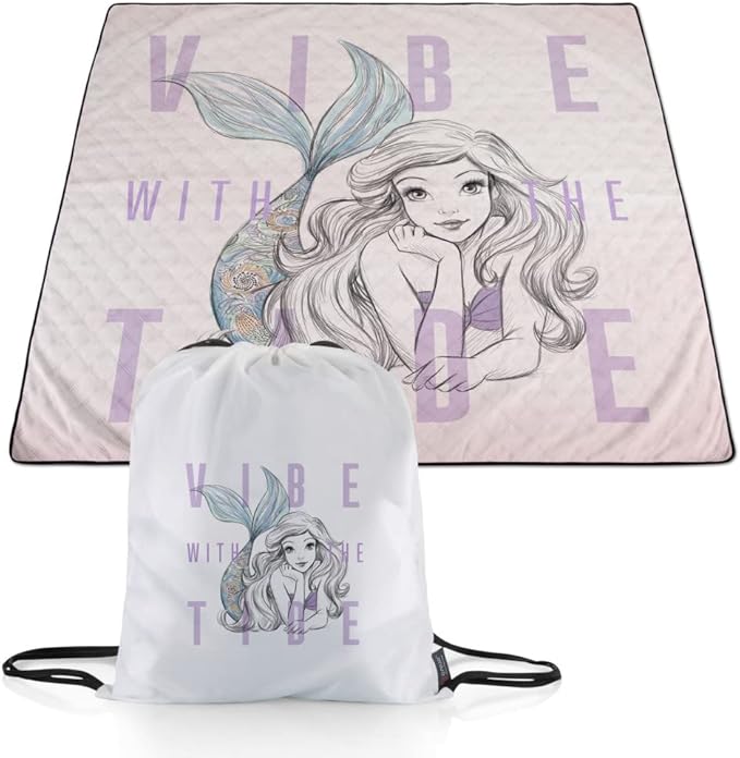 Picnic TIME Disney The Little Mermaid Impresa Picnic Blanket Lightweight Folding Beach Blanket with Carry Backpack Machine Washable Water Resistant Fleece Picnic Mat (Black and White)