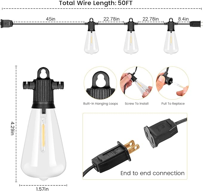 LED Outdoor String Lights 50 FT Waterproof Patio Lights with 25+2 ST38 Vintage Edison Shatterproof Bulbs Connectable Dimmable Hanging Lights for Backyard Bistro Cafe Garden Gazebo - Warm White