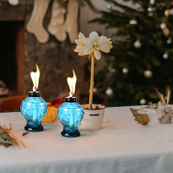 Tewei 4 Pack Blue Table Top Light Torches Outdoor Mini Glass Torche Lanterns Light for Outside Easy to Refill Citronella Torches for Garden Patio Yard Party