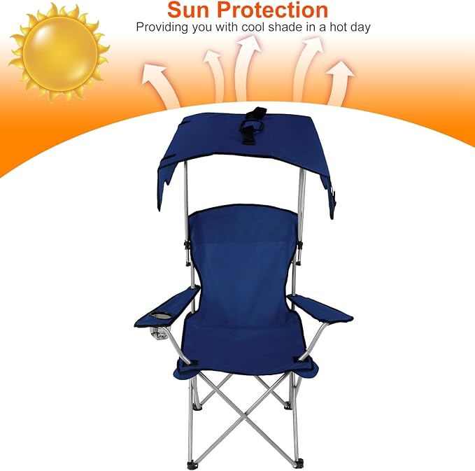 Foldable Beach Canopy Chair Camping Chair Fishing Camp Outdoor Lawn Chair Sun Protection 330LBS Load Folding Camping Canopy Shade Seat with Cup Holder For Beach Poolside Travel Picnic (NavyBlue)