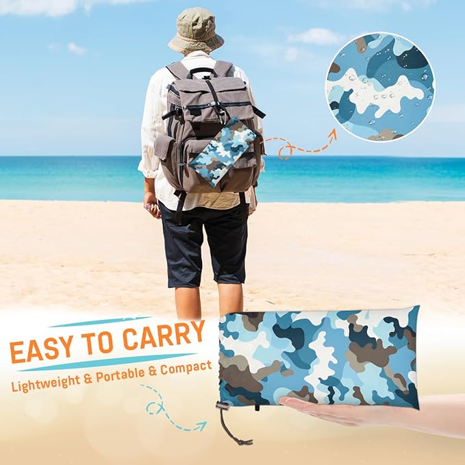 Waterproof Sandproof Beach Blanket 59''×68'' Camouflage Polyester Outdoor Picnic Blanket with 4 Stakes &amp Storage Bag for BeachCampingVacation Light Blue