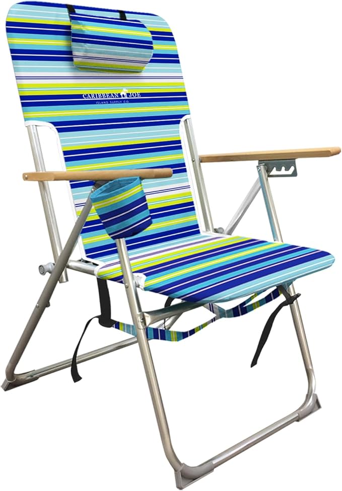 CARIBBEAN JOE Folding Beach Chair 4 Position Portable Backpack Foldable Camping Chair with Headrest Cup Holder and Wooden Armrests