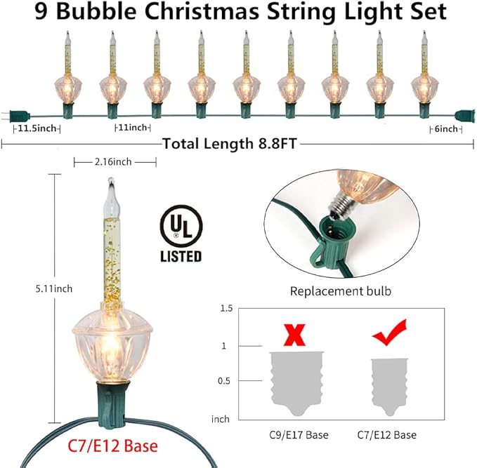 SUNSGNE Christmas Bubble Lights 8.8Ft Vintage Bubble Lights with 10 Gold Glitter Bulbs(1 Spare) C7/E12 Candelabra Base Gold Christmas Light Green Wire