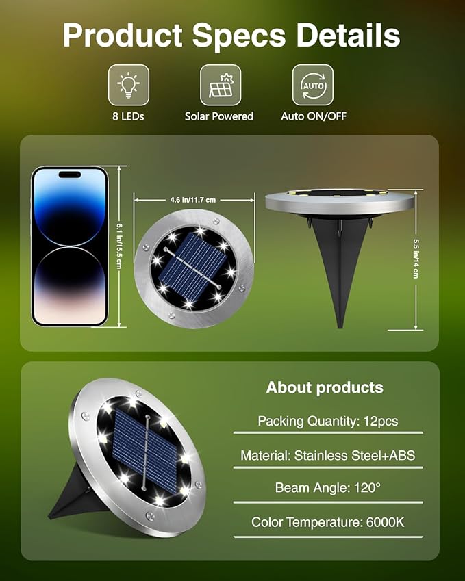 4.6 Inch Solar Ground Lights 12 Pack Solar Lights Outdoor Waterproof Solar Garden Lights Outdoor Landscape Lighting for Pathway Walkway Patio Yard Driveway Cool White