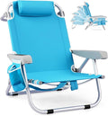 Goplus Beach Chair 330lbs Folding Backpack Chairs for Adults with 5-Position Backrest Storage Pockets Towel Bar &amp Headrest Foldable Low Beach Lounge Portable Aluminum Lay Flat Camping Chair
